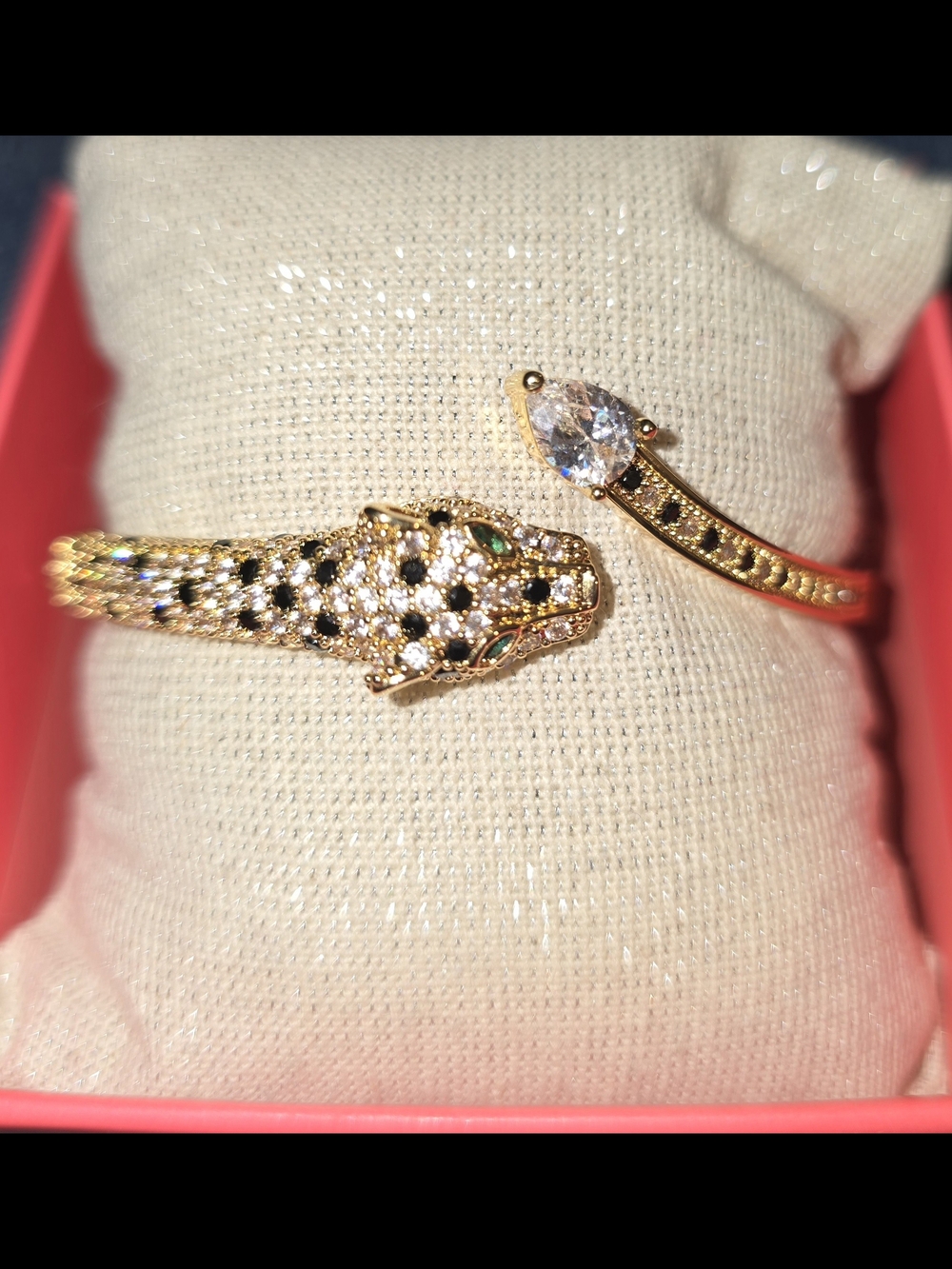 Gold Tone Leopard Head Open Cuff Bracelet with Clear Teardrop Stone